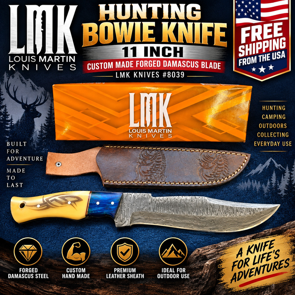 Hunting Bowie Knife 11 Inch, Custom Made Forged Damascus Blade LMK Knives #8039